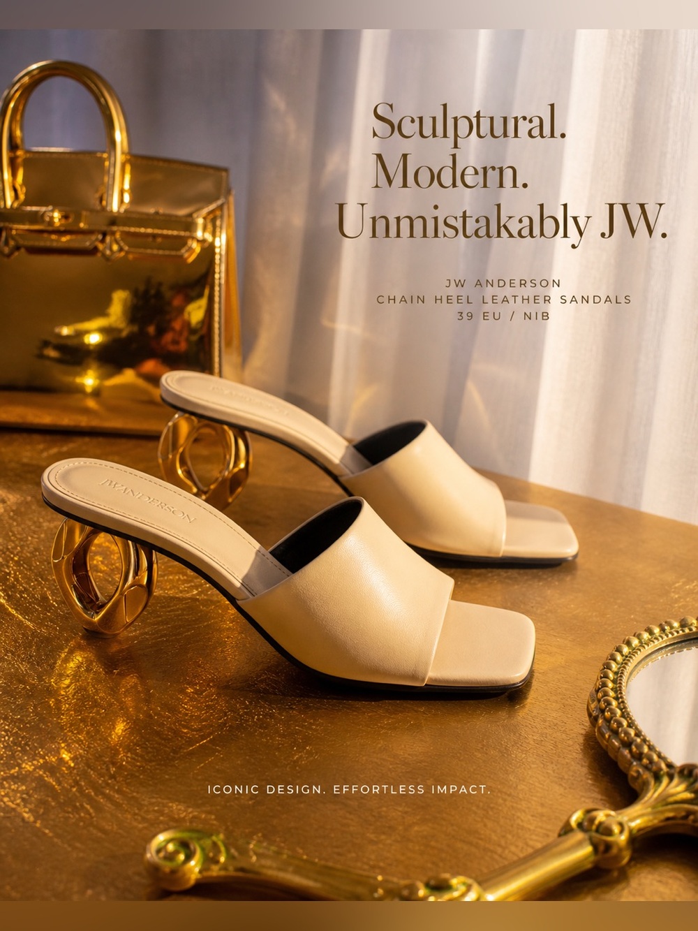 JW Anderson Sculptural Chain Heel Ivory Leather Mule Sandals IT 39 | US 9